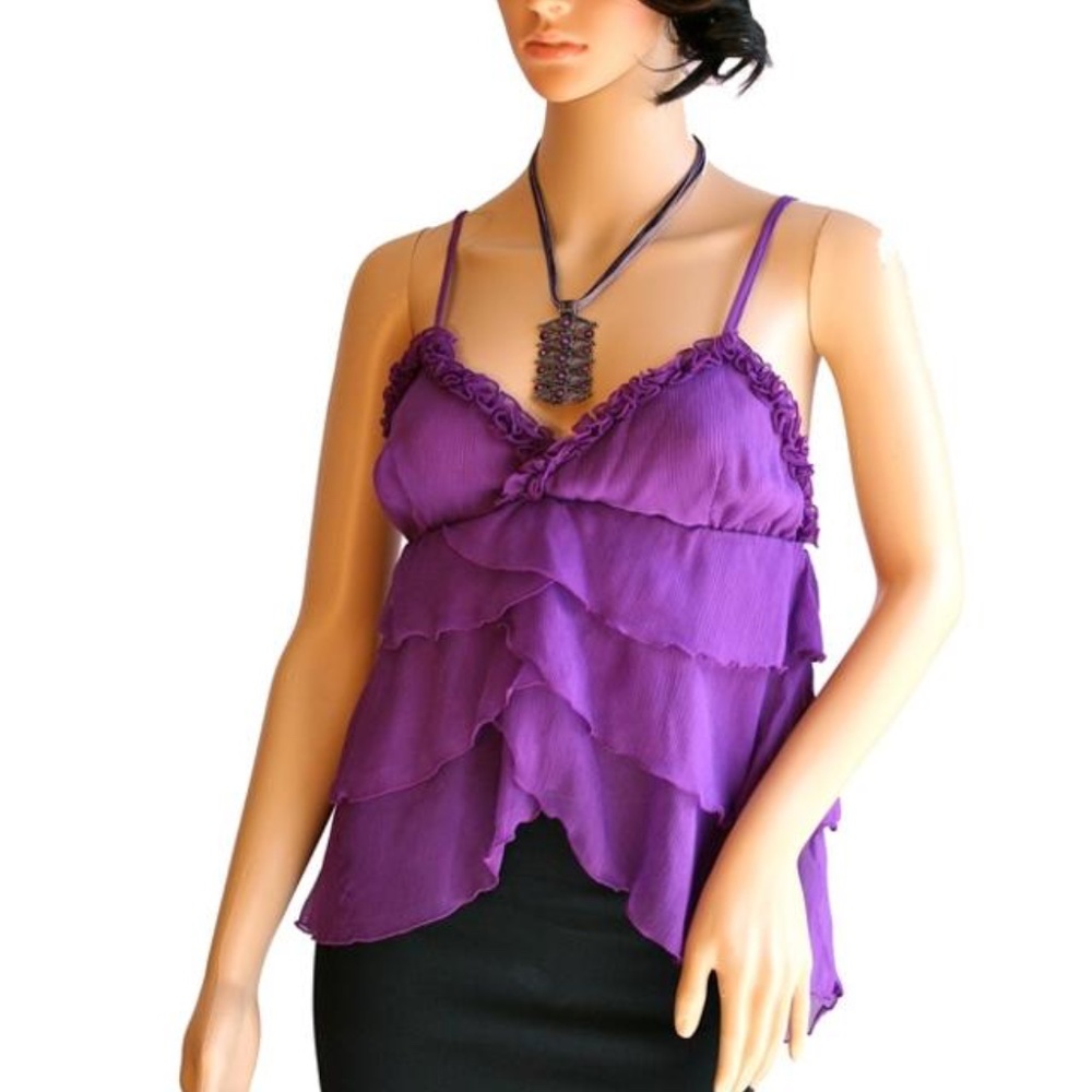 LOUNGEWEAR BETTY Purple Silk Ruffle Camisole - Picture 2 of 5
